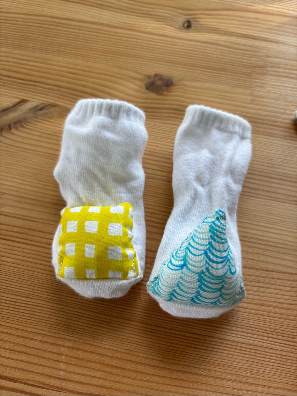 White Kids Socks with Yellow Check and Teal Wave Accents